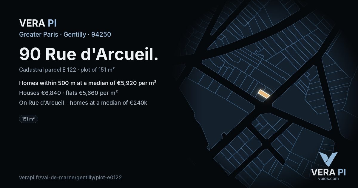 90 Rue d'Arcueil, Gentilly at night – the plot lit, the parcels around coloured by the prices near them
