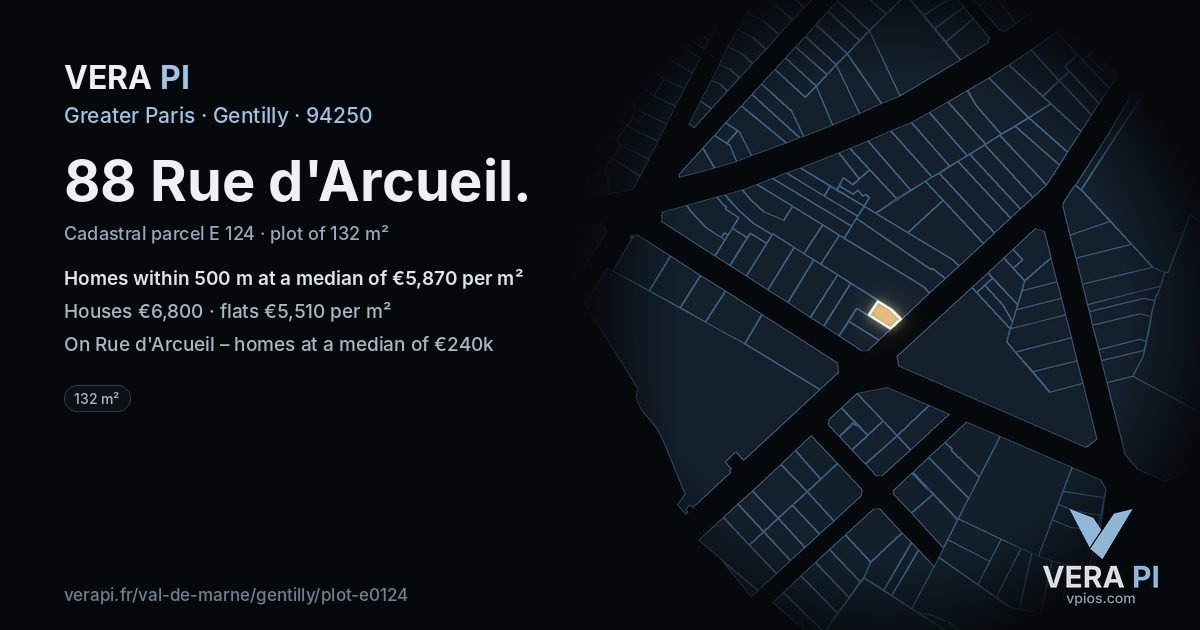 88 Rue d'Arcueil, Gentilly at night – the plot lit, the parcels around coloured by the prices near them
