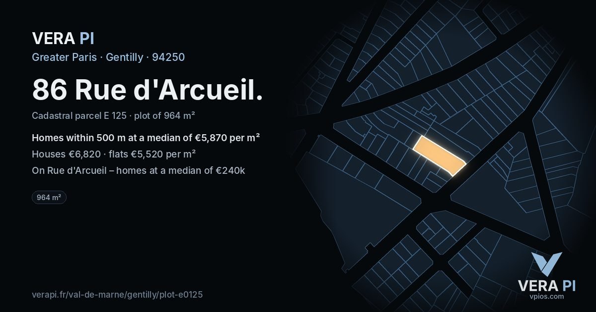 86 Rue d'Arcueil, Gentilly at night – the plot lit, the parcels around coloured by the prices near them