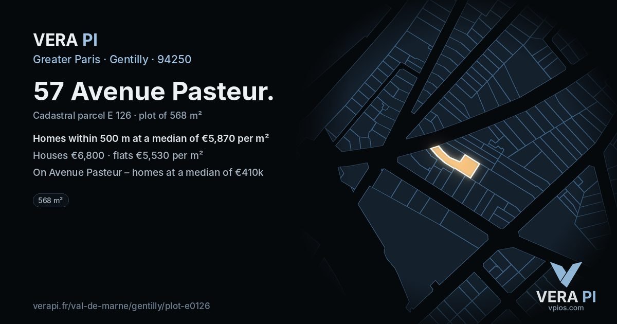 57 Avenue Pasteur, Gentilly at night – the plot lit, the parcels around coloured by the prices near them