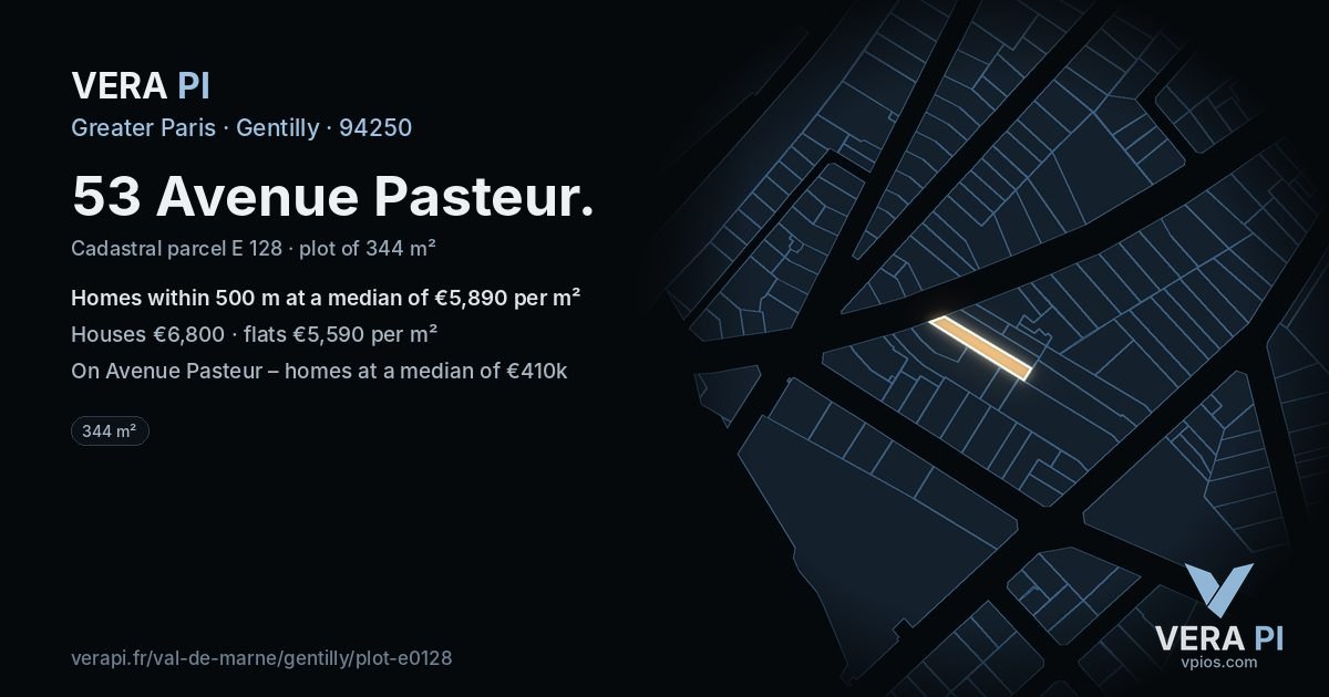 53 Avenue Pasteur, Gentilly at night – the plot lit, the parcels around coloured by the prices near them