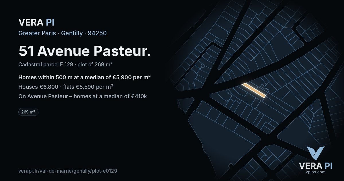 51 Avenue Pasteur, Gentilly at night – the plot lit, the parcels around coloured by the prices near them
