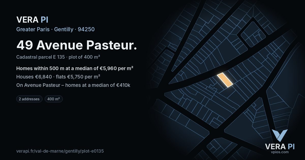 49 Avenue Pasteur, Gentilly at night – the plot lit, the parcels around coloured by the prices near them