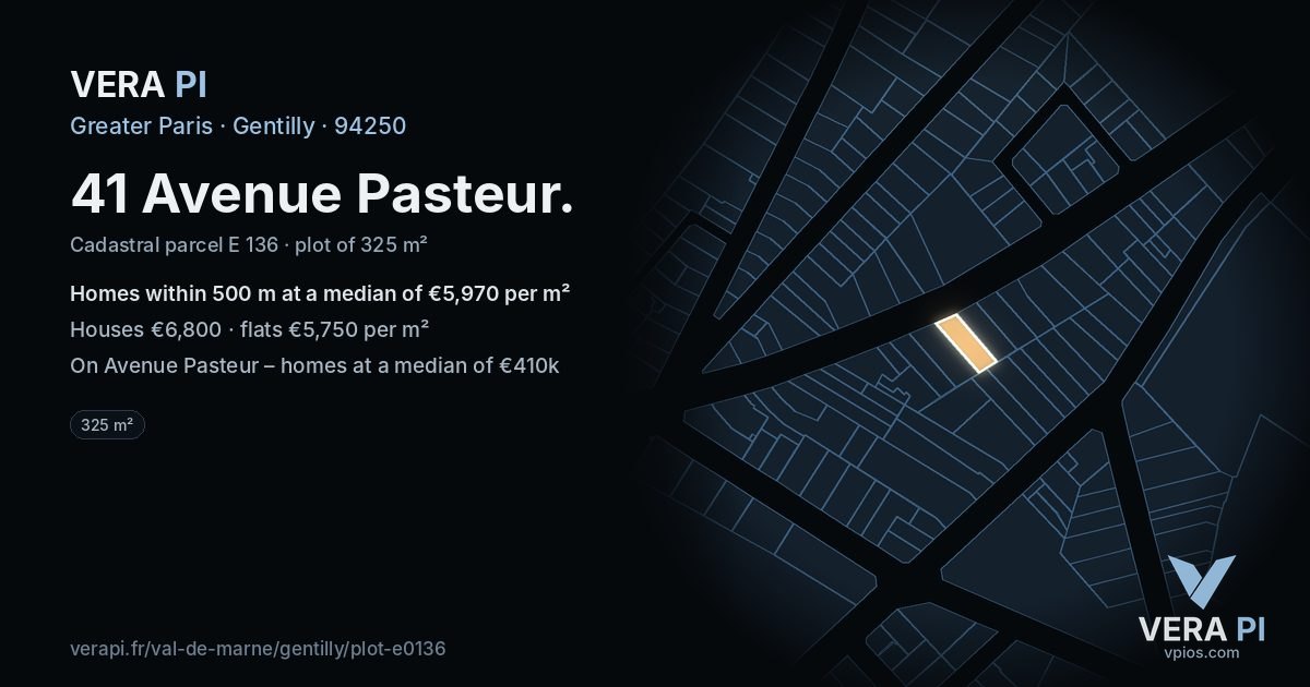 41 Avenue Pasteur, Gentilly at night – the plot lit, the parcels around coloured by the prices near them