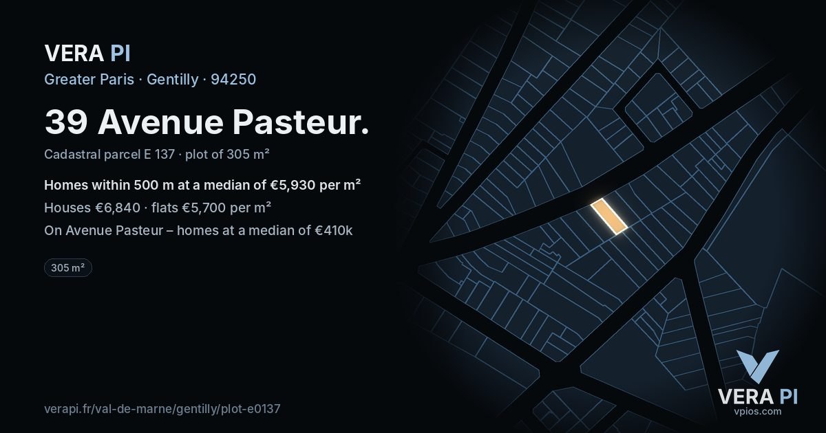 39 Avenue Pasteur, Gentilly at night – the plot lit, the parcels around coloured by the prices near them