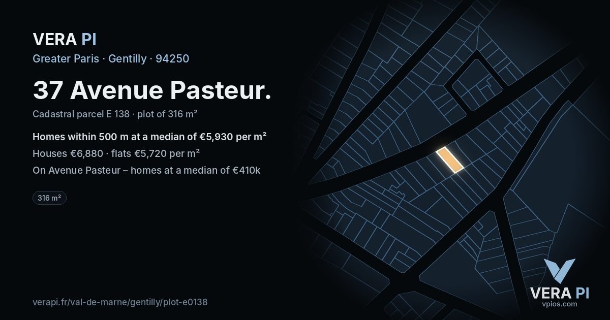 37 Avenue Pasteur, Gentilly at night – the plot lit, the parcels around coloured by the prices near them