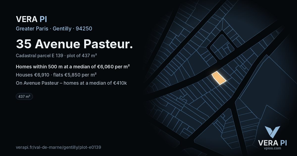 35 Avenue Pasteur, Gentilly at night – the plot lit, the parcels around coloured by the prices near them
