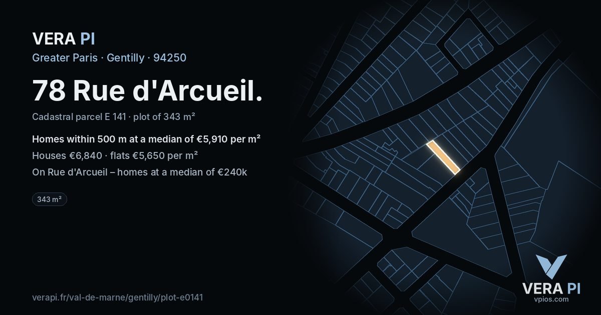 78 Rue d'Arcueil, Gentilly at night – the plot lit, the parcels around coloured by the prices near them