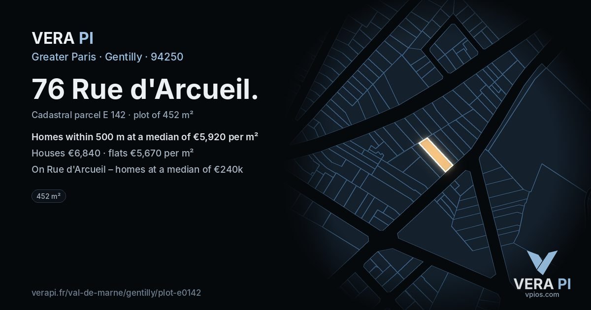 76 Rue d'Arcueil, Gentilly at night – the plot lit, the parcels around coloured by the prices near them