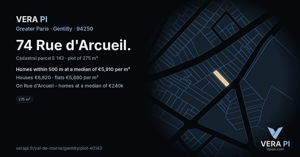 74 Rue d'Arcueil, Gentilly at night – the plot lit, the parcels around coloured by the prices near them