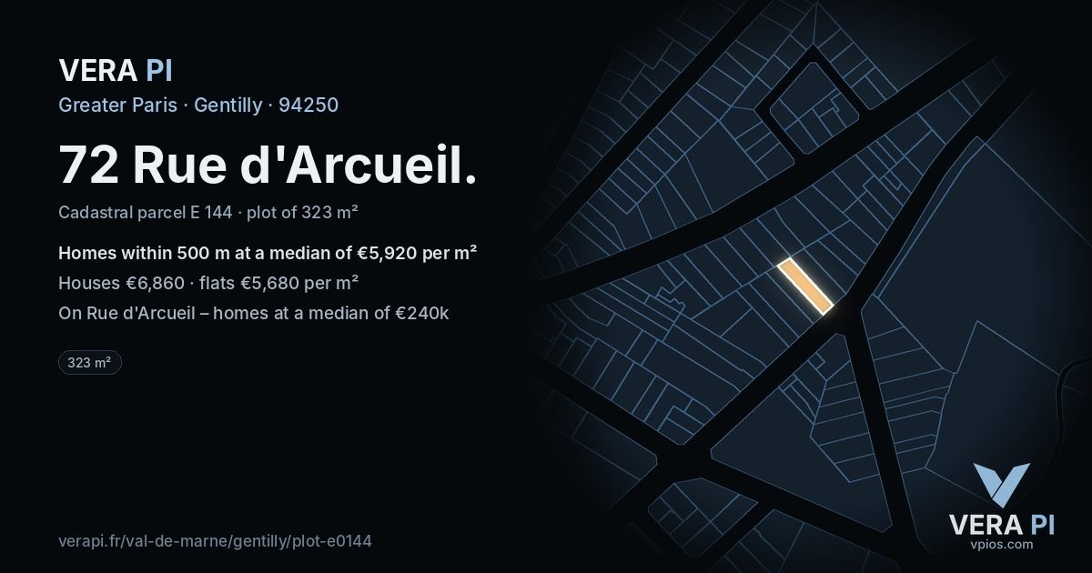 72 Rue d'Arcueil, Gentilly at night – the plot lit, the parcels around coloured by the prices near them