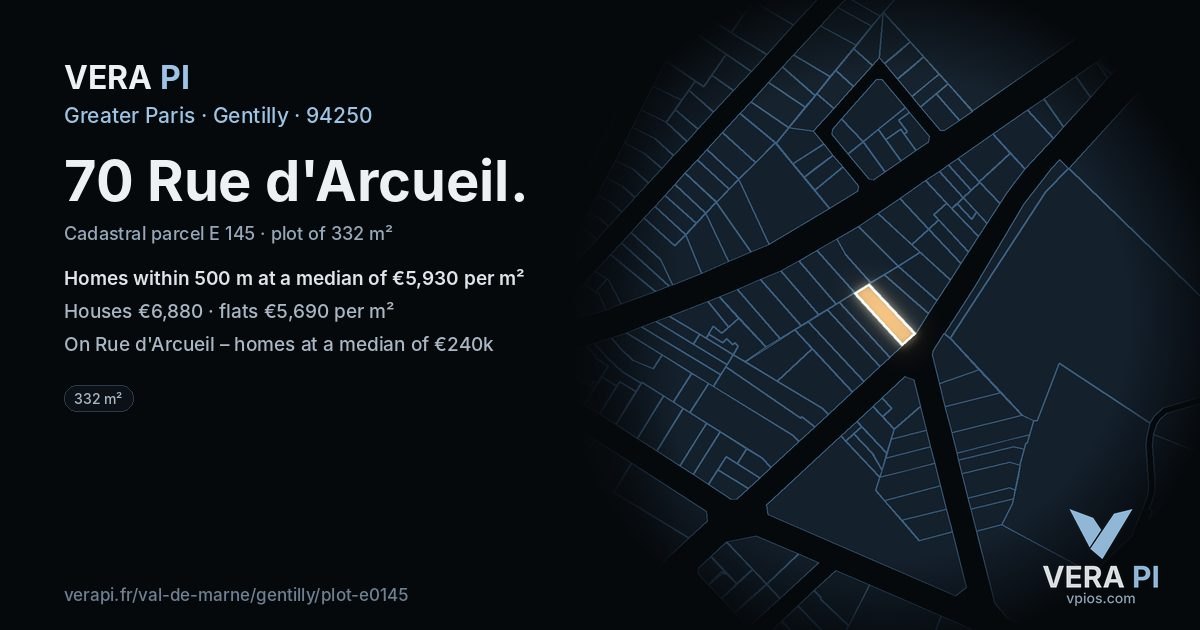 70 Rue d'Arcueil, Gentilly at night – the plot lit, the parcels around coloured by the prices near them
