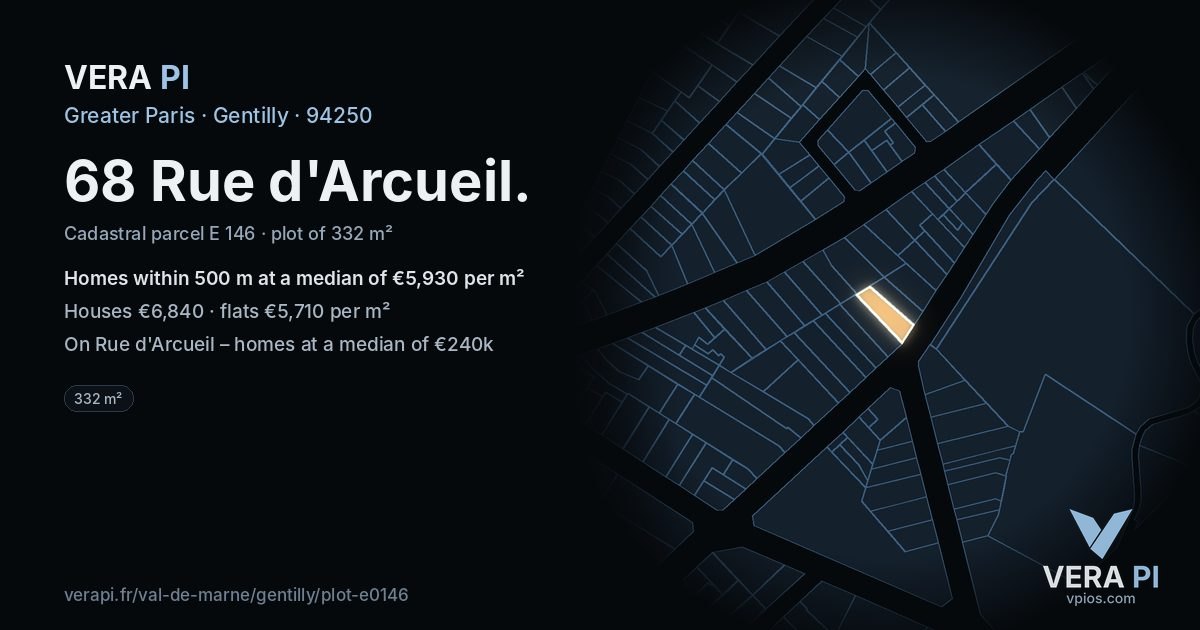 68 Rue d'Arcueil, Gentilly at night – the plot lit, the parcels around coloured by the prices near them