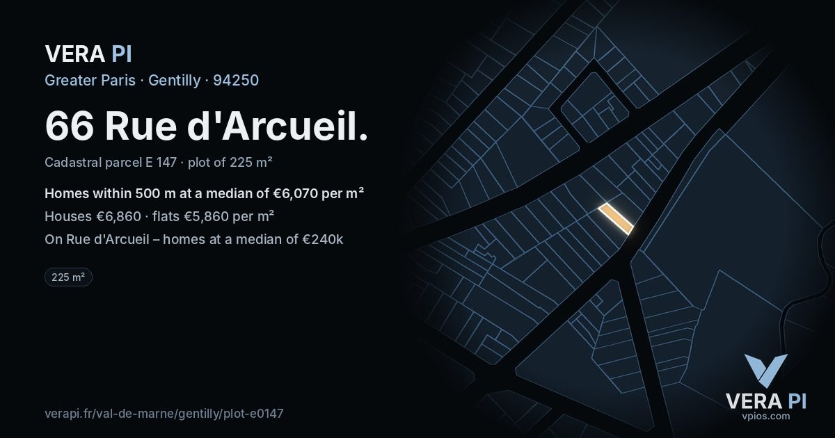 66 Rue d'Arcueil, Gentilly at night – the plot lit, the parcels around coloured by the prices near them