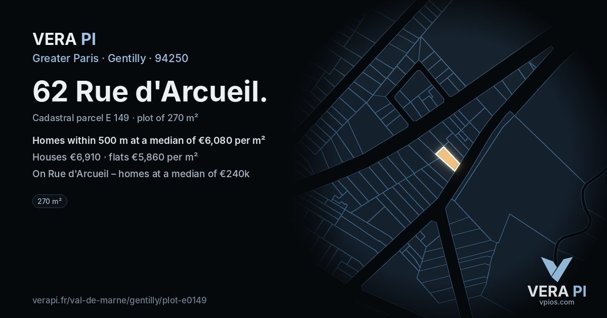 62 Rue d'Arcueil, Gentilly at night – the plot lit, the parcels around coloured by the prices near them