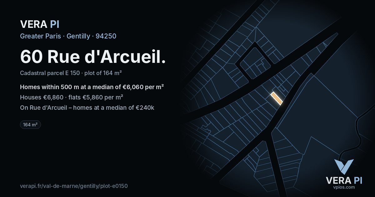 60 Rue d'Arcueil, Gentilly at night – the plot lit, the parcels around coloured by the prices near them