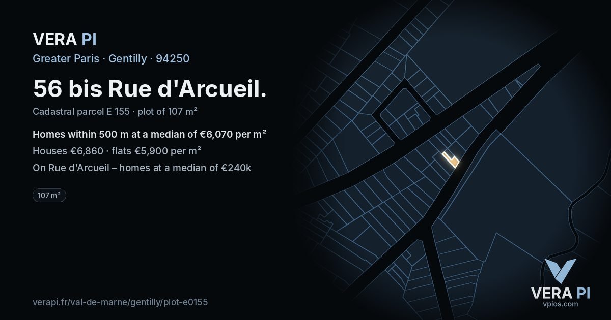 56 bis Rue d'Arcueil, Gentilly at night – the plot lit, the parcels around coloured by the prices near them
