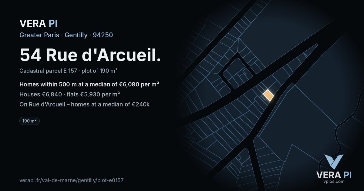 54 Rue d'Arcueil, Gentilly at night – the plot lit, the parcels around coloured by the prices near them