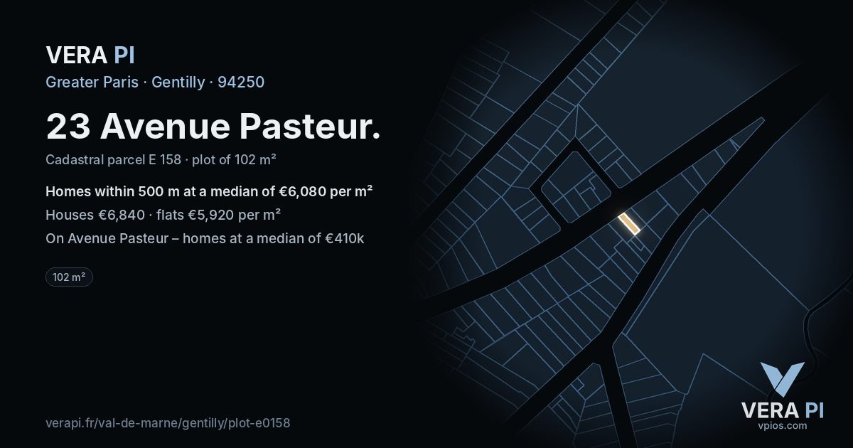 23 Avenue Pasteur, Gentilly at night – the plot lit, the parcels around coloured by the prices near them