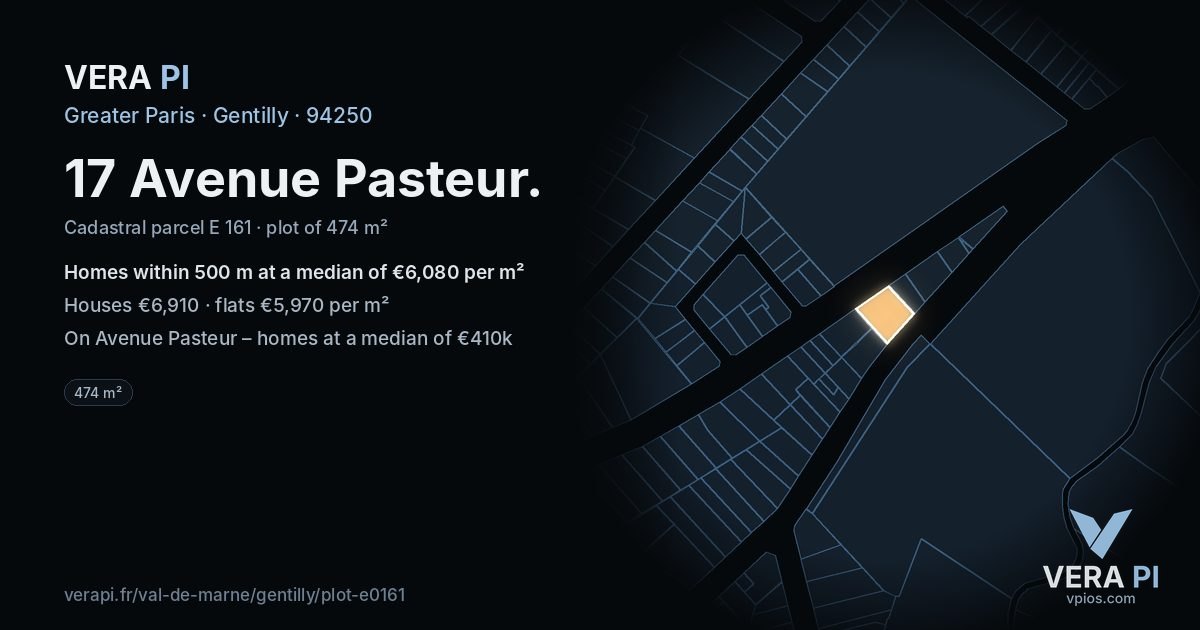 17 Avenue Pasteur, Gentilly at night – the plot lit, the parcels around coloured by the prices near them