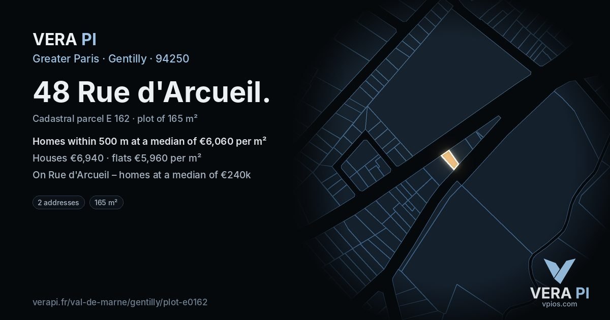 48 Rue d'Arcueil, Gentilly at night – the plot lit, the parcels around coloured by the prices near them