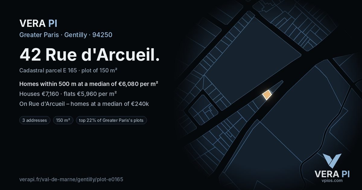 42 Rue d'Arcueil, Gentilly at night – the plot lit, the parcels around coloured by the prices near them