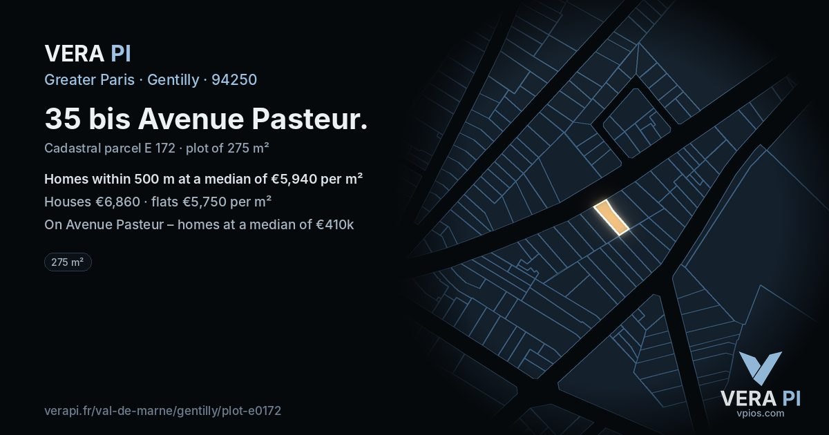 35 bis Avenue Pasteur, Gentilly at night – the plot lit, the parcels around coloured by the prices near them