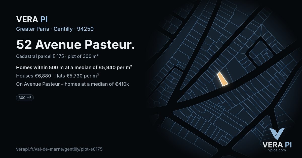 52 Avenue Pasteur, Gentilly at night – the plot lit, the parcels around coloured by the prices near them