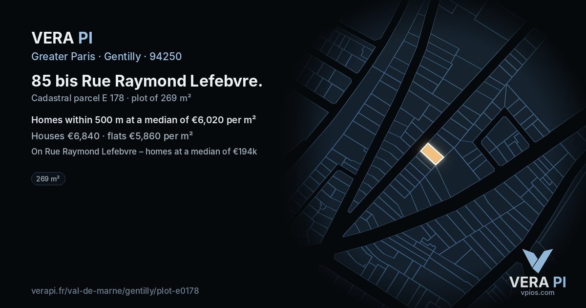 85 bis Rue Raymond Lefebvre, Gentilly at night – the plot lit, the parcels around coloured by the prices near them