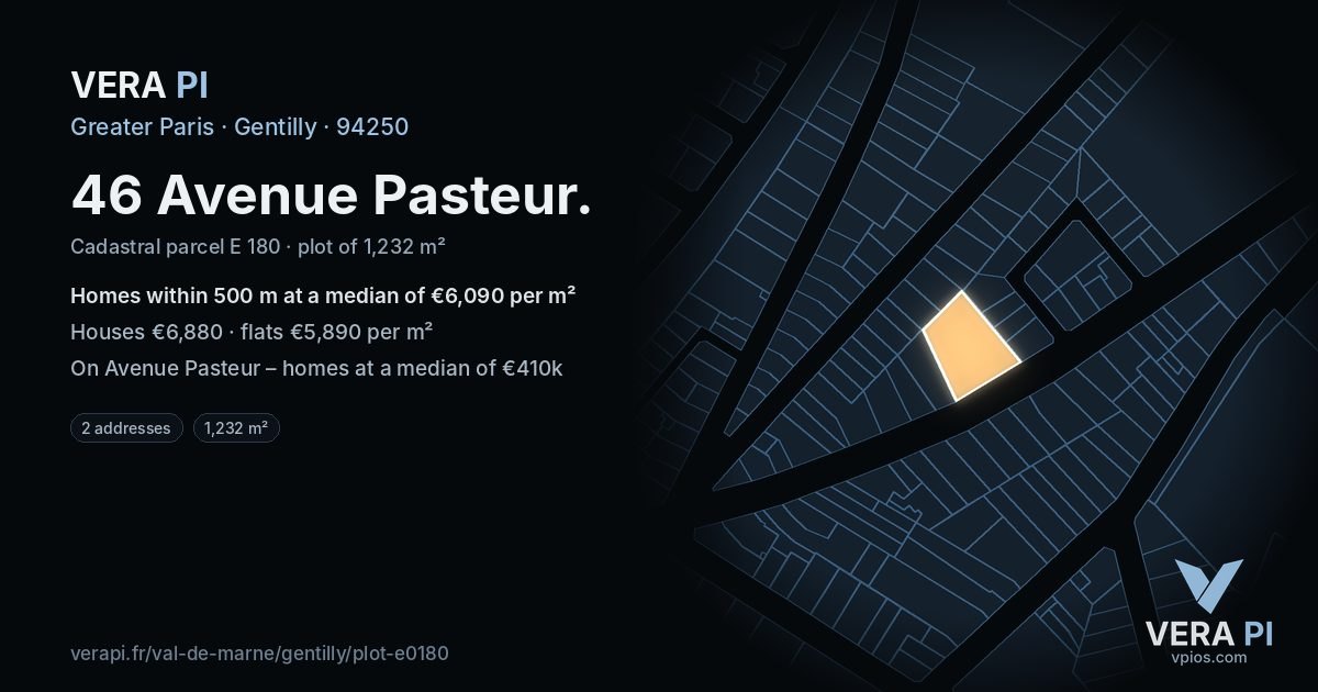46 Avenue Pasteur, Gentilly at night – the plot lit, the parcels around coloured by the prices near them