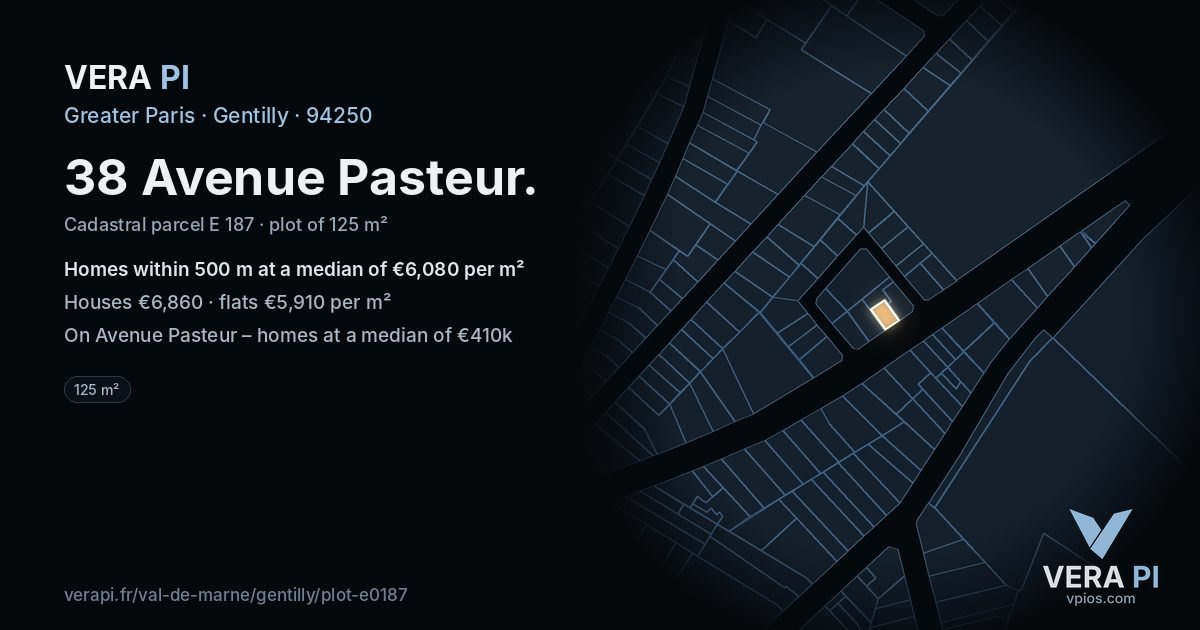 38 Avenue Pasteur, Gentilly at night – the plot lit, the parcels around coloured by the prices near them