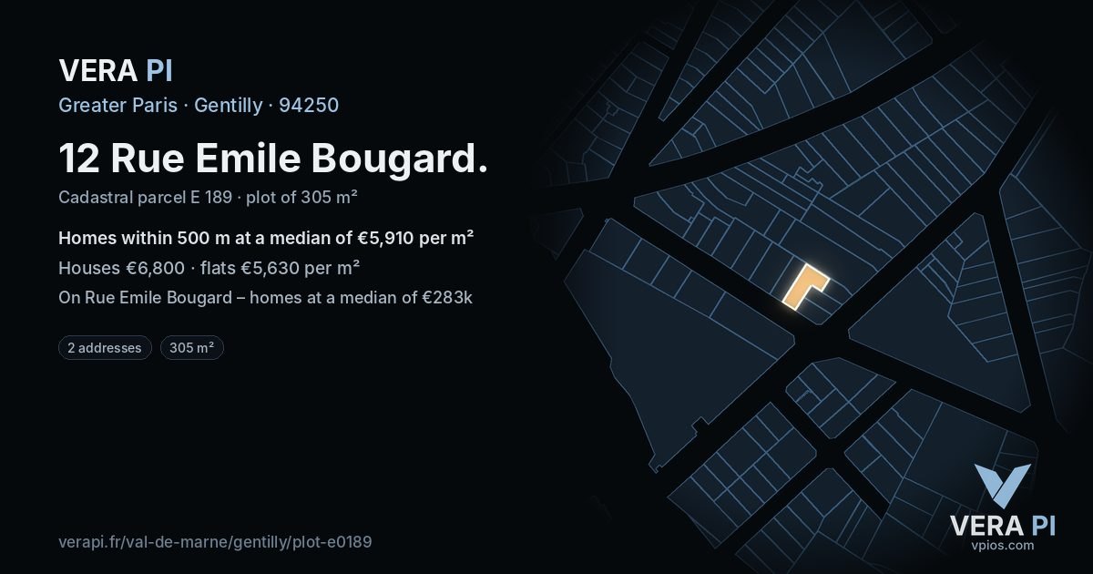 12 Rue Emile Bougard, Gentilly at night – the plot lit, the parcels around coloured by the prices near them