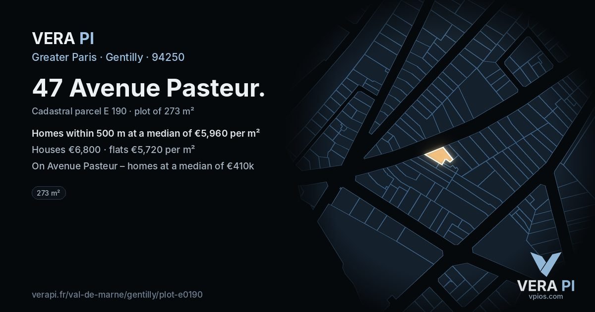 47 Avenue Pasteur, Gentilly at night – the plot lit, the parcels around coloured by the prices near them