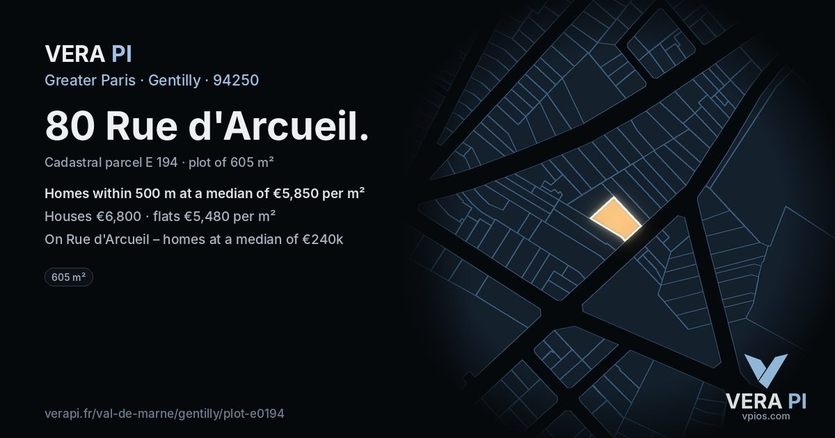 80 Rue d'Arcueil, Gentilly at night – the plot lit, the parcels around coloured by the prices near them
