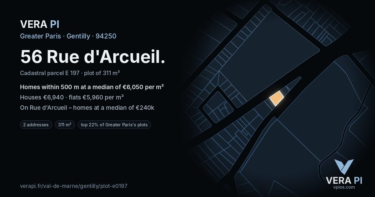 56 Rue d'Arcueil, Gentilly at night – the plot lit, the parcels around coloured by the prices near them