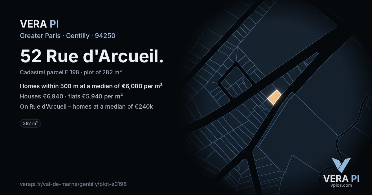 52 Rue d'Arcueil, Gentilly at night – the plot lit, the parcels around coloured by the prices near them