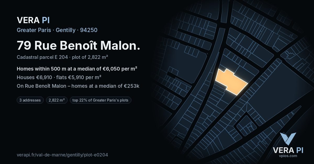 79 Rue Benoît Malon, Gentilly at night – the plot lit, the parcels around coloured by the prices near them
