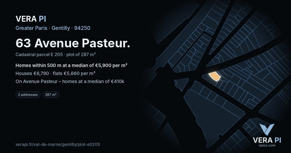 63 Avenue Pasteur, Gentilly at night – the plot lit, the parcels around coloured by the prices near them