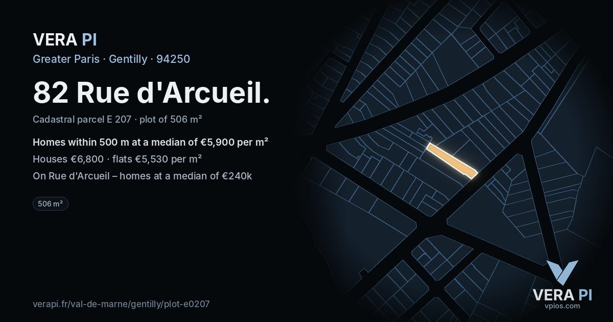 82 Rue d'Arcueil, Gentilly at night – the plot lit, the parcels around coloured by the prices near them