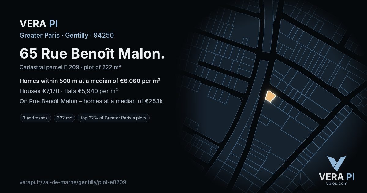 65 Rue Benoît Malon, Gentilly at night – the plot lit, the parcels around coloured by the prices near them