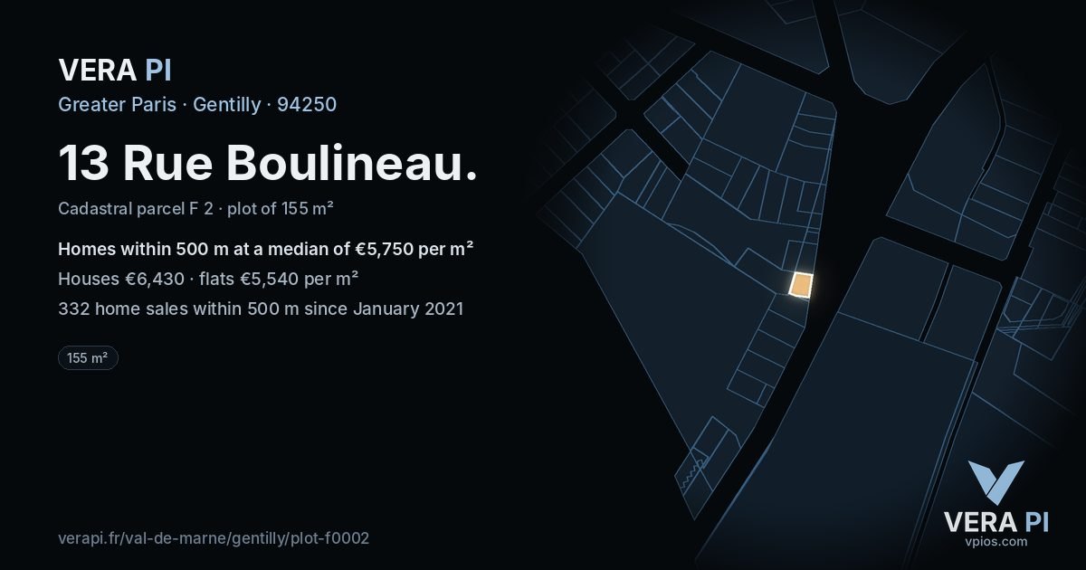 13 Rue Boulineau, Gentilly at night – the plot lit, the parcels around coloured by the prices near them