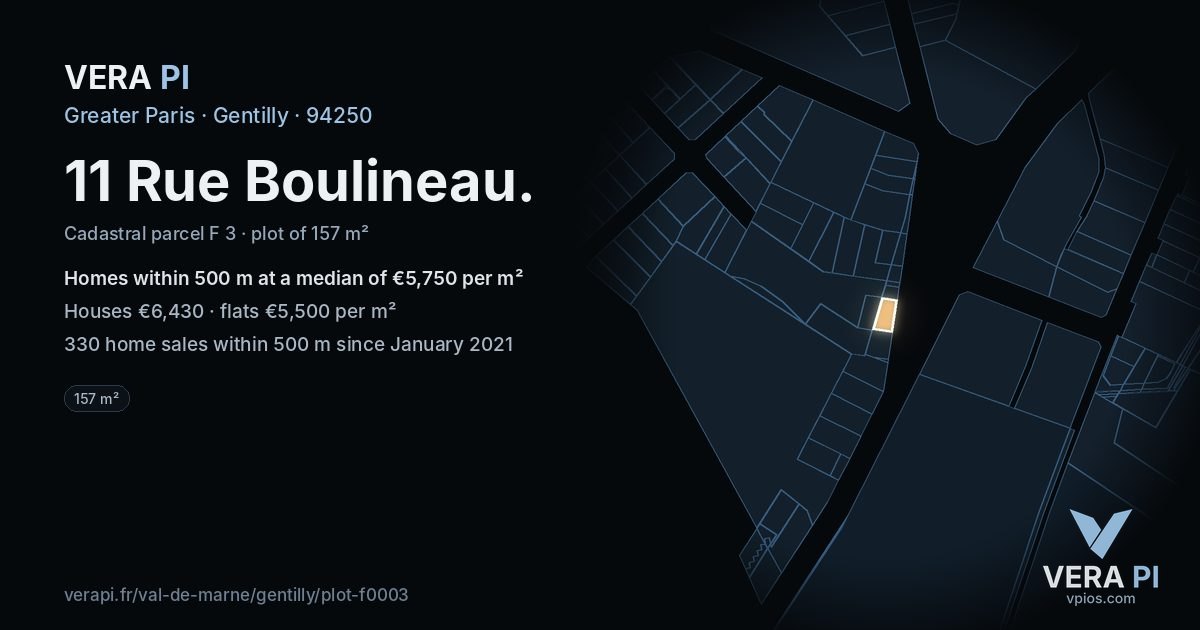 11 Rue Boulineau, Gentilly at night – the plot lit, the parcels around coloured by the prices near them