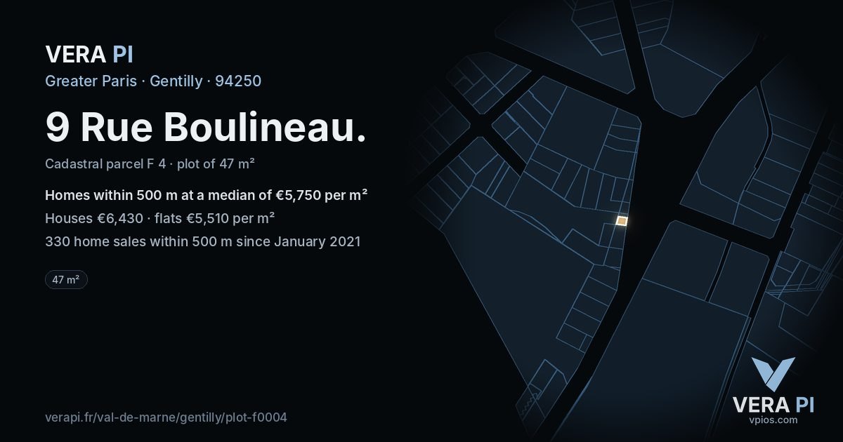 9 Rue Boulineau, Gentilly at night – the plot lit, the parcels around coloured by the prices near them