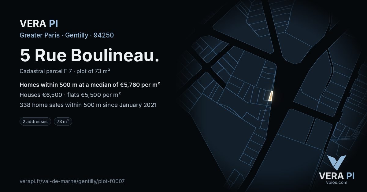 5 Rue Boulineau, Gentilly at night – the plot lit, the parcels around coloured by the prices near them