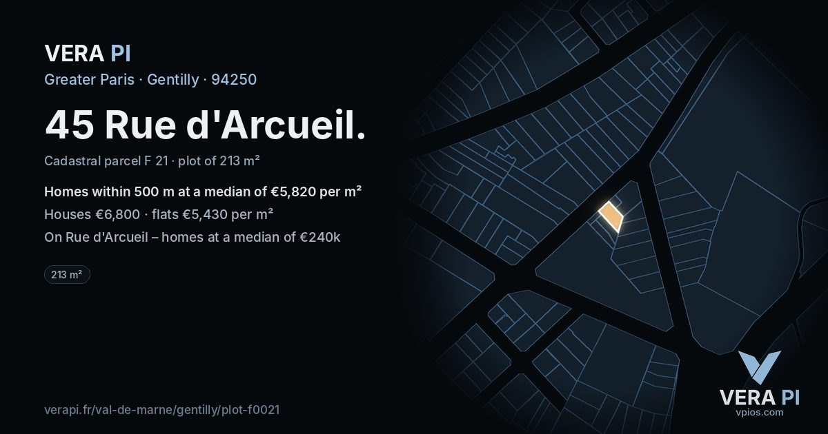 45 Rue d'Arcueil, Gentilly at night – the plot lit, the parcels around coloured by the prices near them