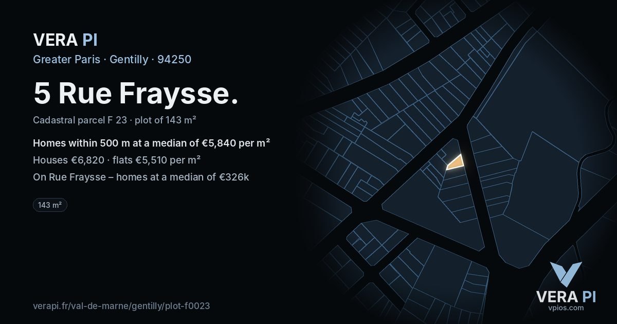 5 Rue Fraysse, Gentilly at night – the plot lit, the parcels around coloured by the prices near them
