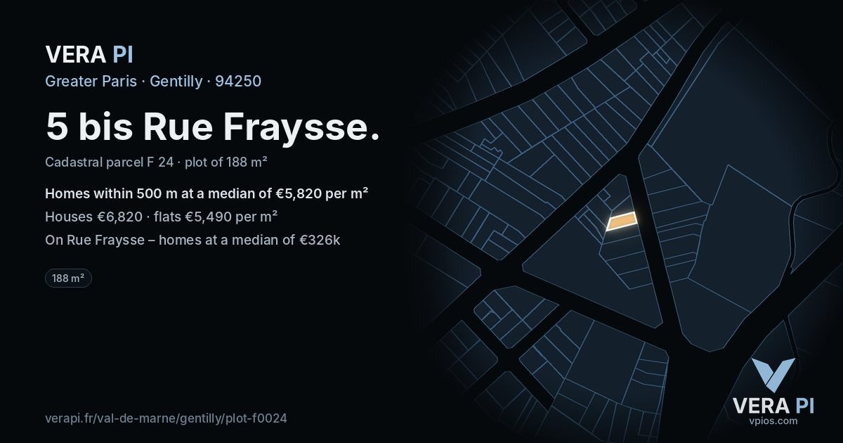 5 bis Rue Fraysse, Gentilly at night – the plot lit, the parcels around coloured by the prices near them