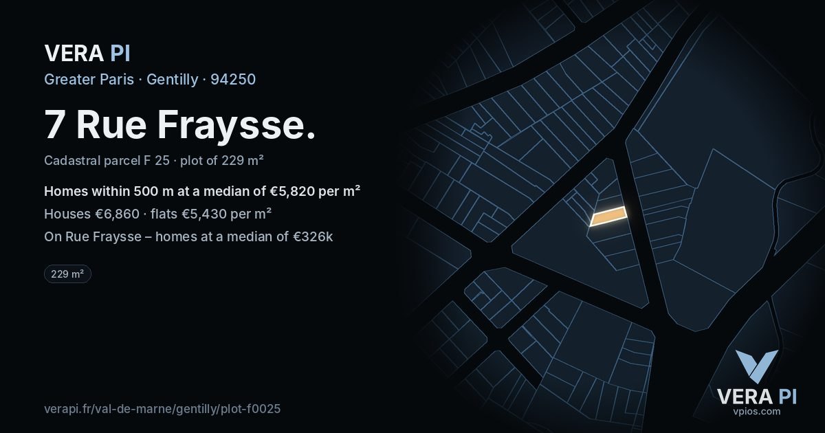 7 Rue Fraysse, Gentilly at night – the plot lit, the parcels around coloured by the prices near them