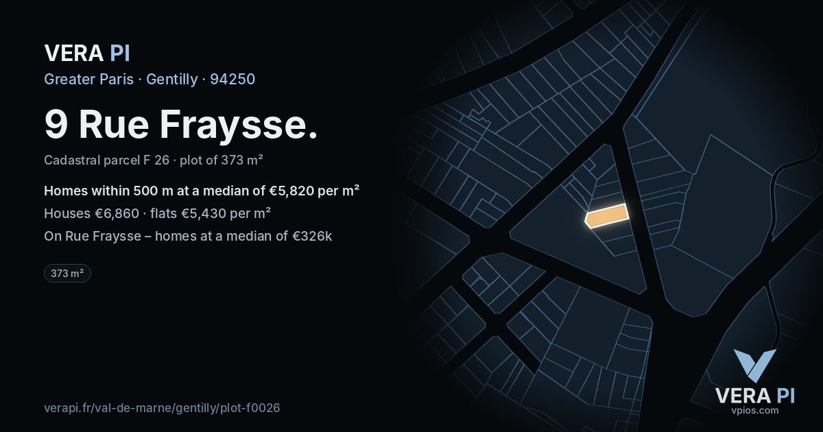 9 Rue Fraysse, Gentilly at night – the plot lit, the parcels around coloured by the prices near them