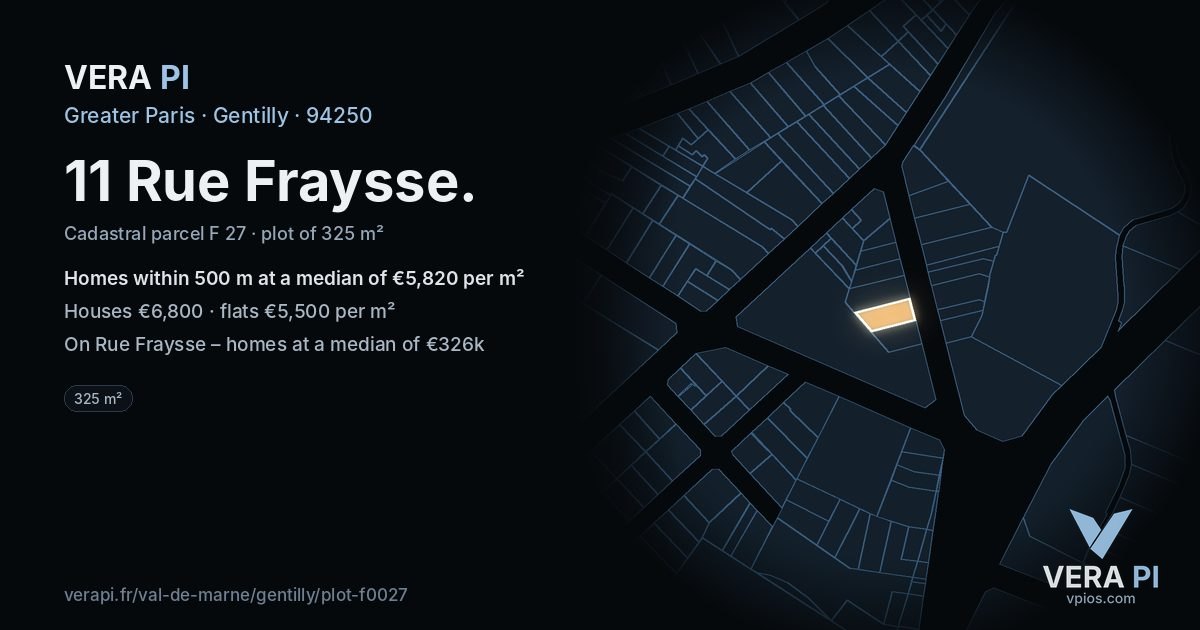 11 Rue Fraysse, Gentilly at night – the plot lit, the parcels around coloured by the prices near them